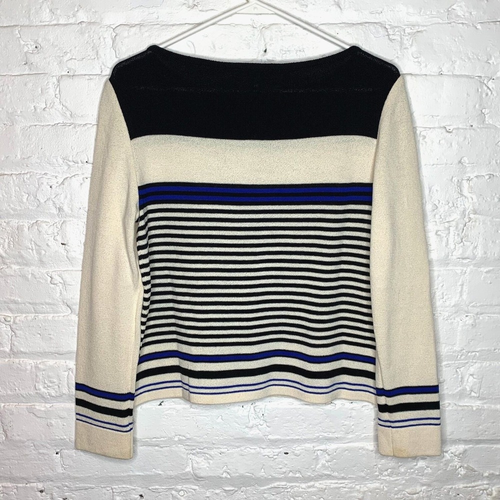 St. John Sport By Marie Gray Wool Blend Cream Blue Black Stripe Sweater Sz Small - Picture 4 of 4